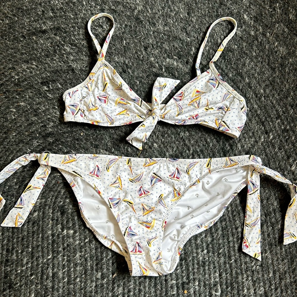 French knot tie sailboat bikini top and bottom set